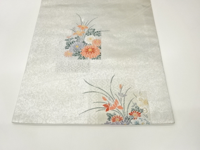  引箔流水に色紙・古典柄・花葉模様織出し名古屋帯